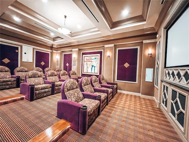 home theater room with light carpet, baseboards, crown molding, and recessed lighting