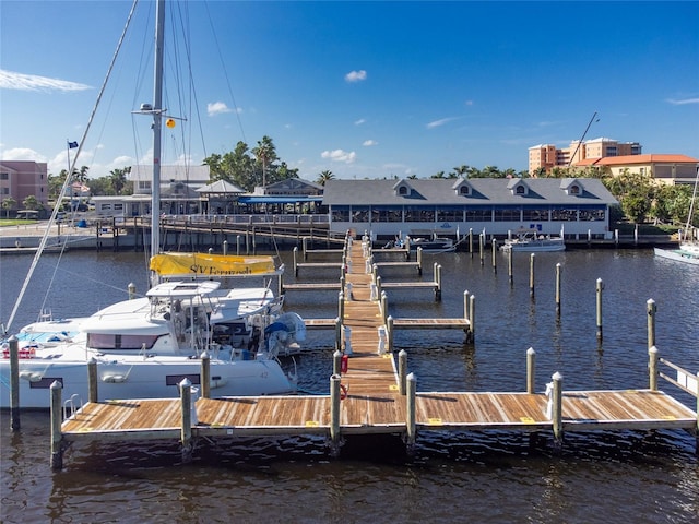 view of dock with a water view and a residential view