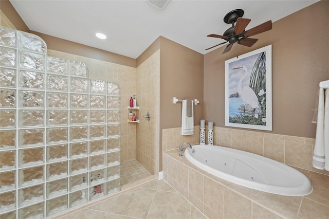 bathroom with tile patterned floors, ceiling fan, and independent shower and bath