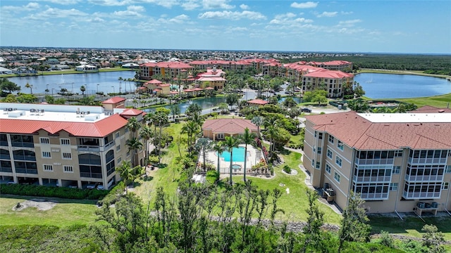 drone / aerial view featuring a water view