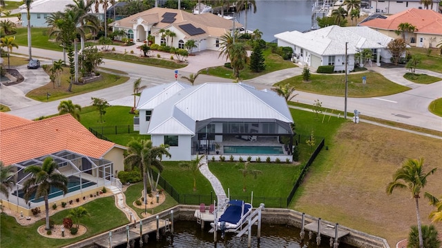 aerial view featuring a water view