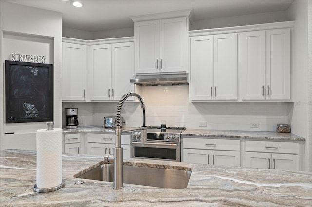 kitchen with light stone countertops, sink, white cabinets, and decorative backsplash