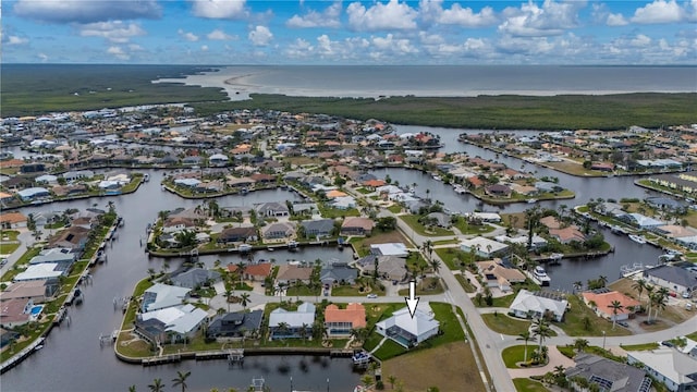 drone / aerial view featuring a water view