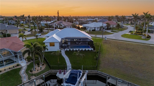 view of aerial view at dusk