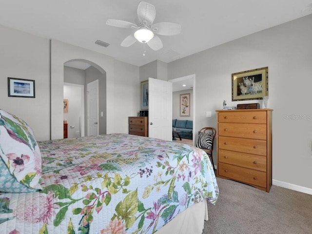 carpeted bedroom featuring ceiling fan