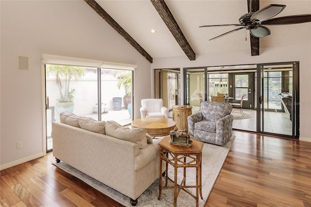 living room with beam ceiling, ceiling fan, high vaulted ceiling, and wood-type flooring