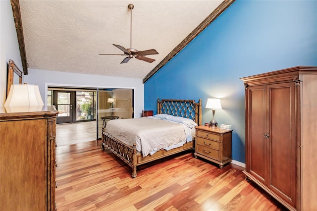 bedroom with access to outside, french doors, vaulted ceiling, ceiling fan, and light hardwood / wood-style floors