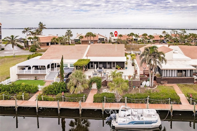 drone / aerial view with a water view