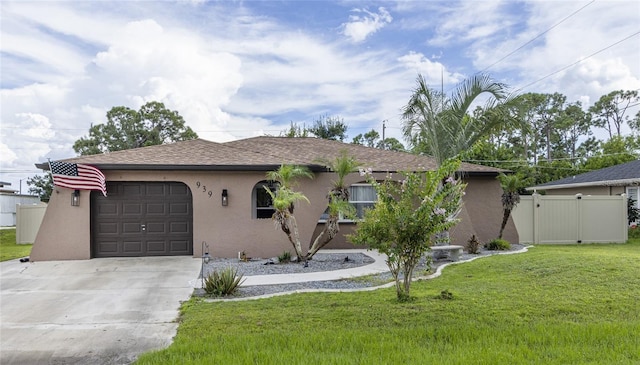 single story home with a front yard and a garage