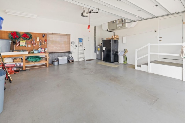 garage featuring water heater, a garage door opener, and heating unit