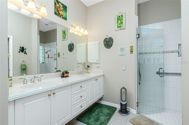 bathroom featuring tile patterned flooring, vanity, and walk in shower