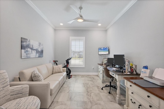 office area with ceiling fan and ornamental molding