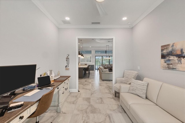 home office with crown molding