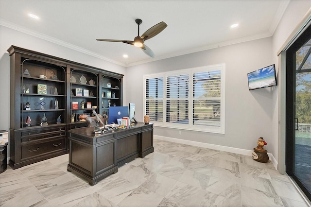 office area with ceiling fan and crown molding