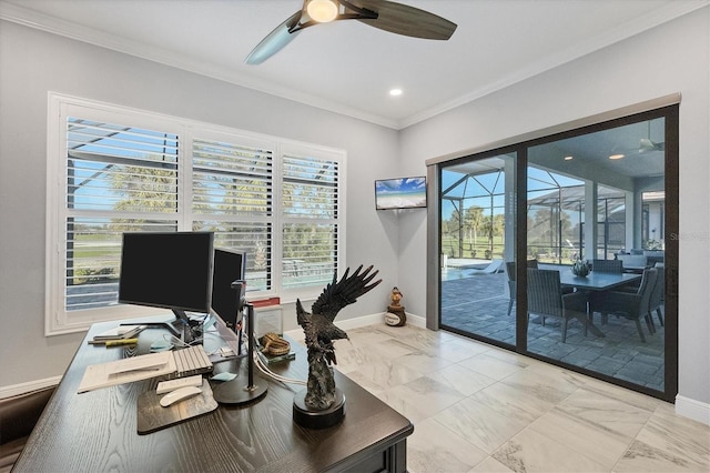 office with ceiling fan and crown molding