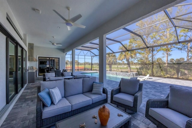 view of patio featuring a lanai and an outdoor hangout area