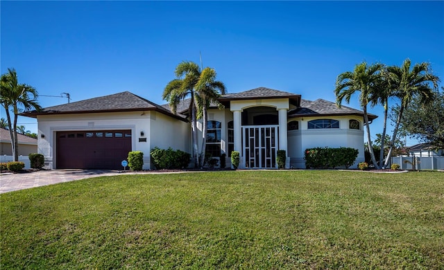 view of front of house with a garage and a front lawn