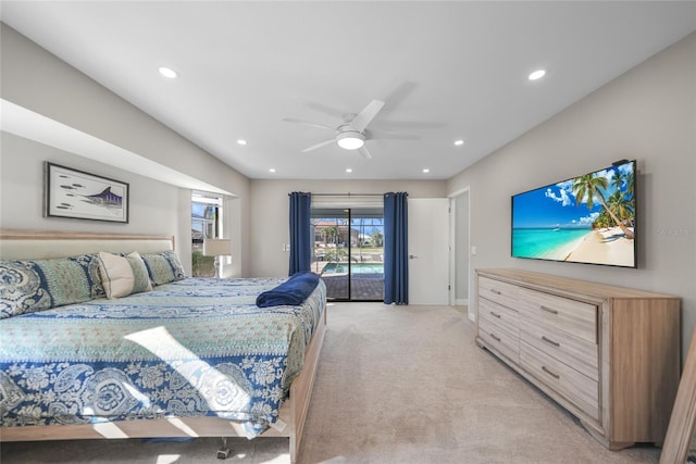 carpeted bedroom featuring access to outside and ceiling fan