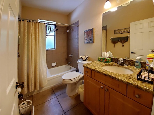 full bathroom with vanity, shower / bath combination with curtain, tile patterned floors, and toilet