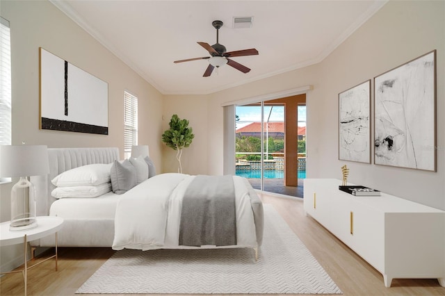 bedroom with crown molding, access to outside, ceiling fan, and light wood-type flooring