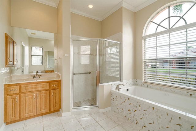 bathroom with ornamental molding, tile patterned floors, plus walk in shower, and vanity