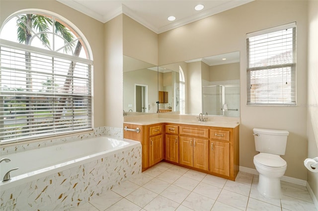 full bathroom featuring tile patterned flooring, vanity, plenty of natural light, and separate shower and tub