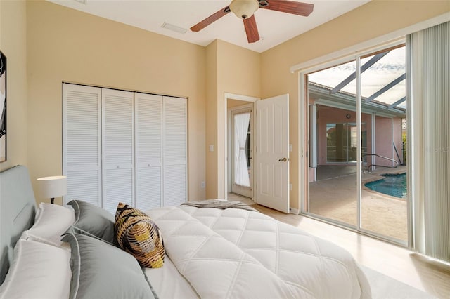 unfurnished bedroom featuring ceiling fan and access to exterior