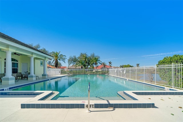 view of pool featuring ceiling fan and a patio area