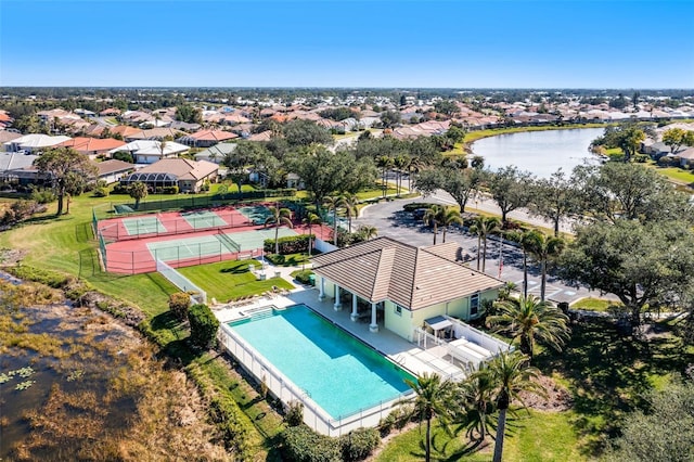 aerial view featuring a water view