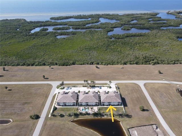 bird's eye view with a water view