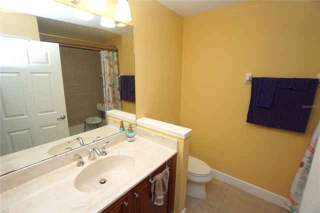 bathroom with tile patterned floors, vanity, toilet, and a shower with shower curtain