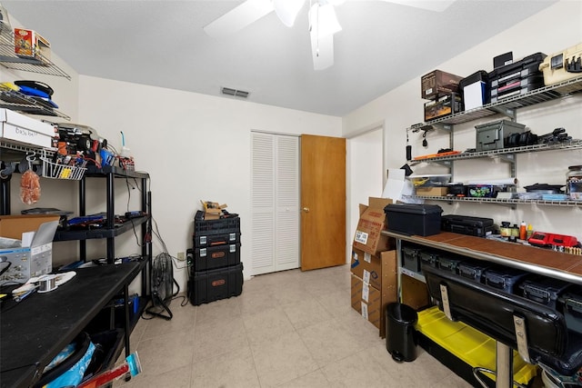 storage room featuring ceiling fan