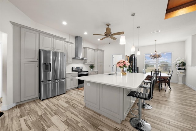 kitchen featuring a kitchen bar, sink, appliances with stainless steel finishes, an island with sink, and wall chimney range hood