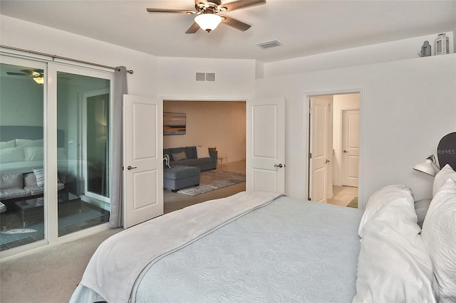 carpeted bedroom with ceiling fan and access to exterior