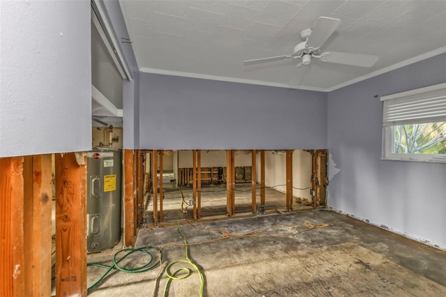 interior space featuring water heater, crown molding, and ceiling fan