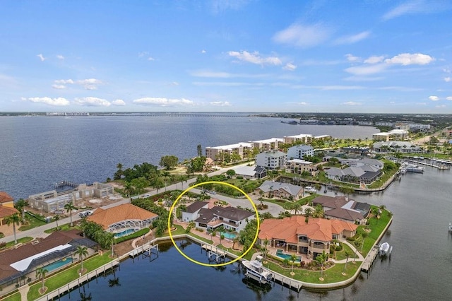 drone / aerial view featuring a water view