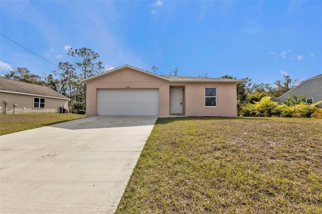 single story home with a front lawn and a garage