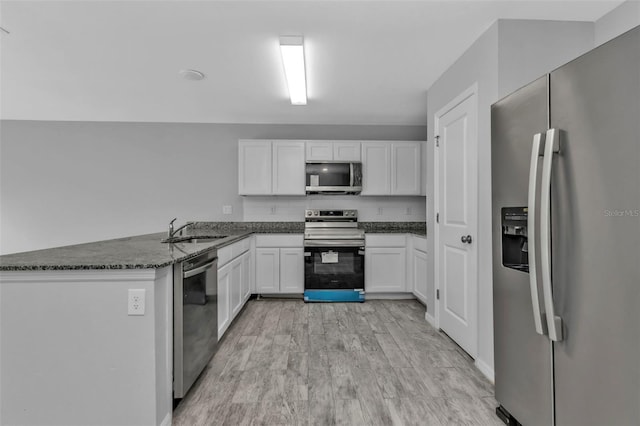 kitchen with stainless steel appliances, sink, white cabinetry, kitchen peninsula, and dark stone counters