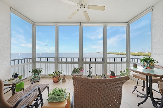 sunroom / solarium with ceiling fan, plenty of natural light, and a water view