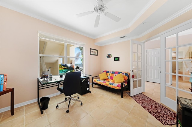 office with ceiling fan, french doors, ornamental molding, and light tile patterned floors