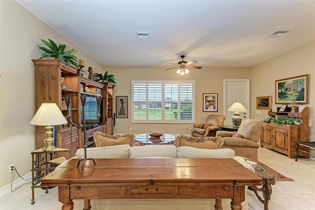 living room with ceiling fan