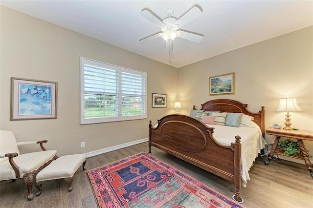 bedroom with ceiling fan and wood-type flooring