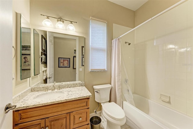 full bathroom featuring toilet, vanity, and shower / tub combo with curtain