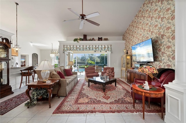 living room featuring ceiling fan and light tile patterned floors