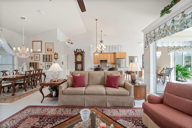 tiled living room featuring high vaulted ceiling