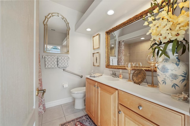 bathroom featuring toilet, tile patterned flooring, curtained shower, and vanity