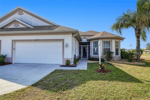 ranch-style home with a front lawn and a garage