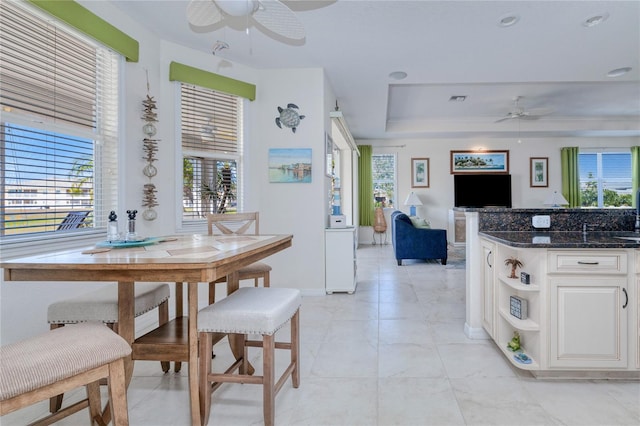 dining space featuring ceiling fan, a wealth of natural light, and a tray ceiling