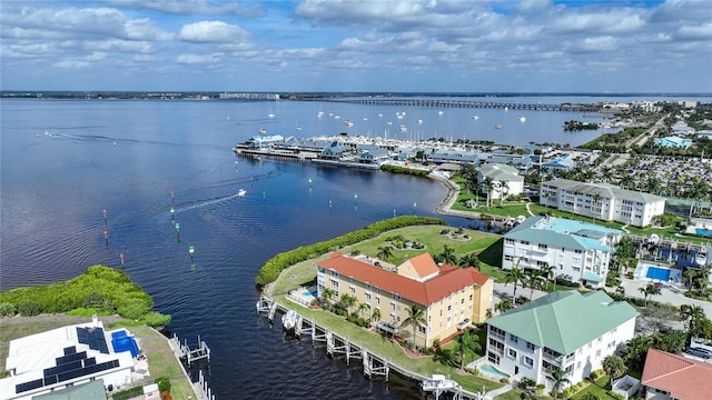 birds eye view of property featuring a water view