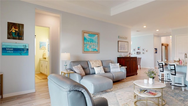 living room with crown molding and light hardwood / wood-style flooring